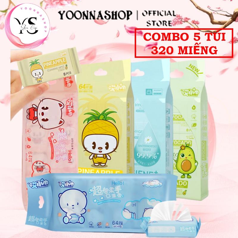 Combo 40 Gói Khăn Ướt Mini Ao Xiao Jin Không Mùi Không Cồn (5 Túi - 320 Miếng) - Giấy Vệ Sinh A06 Voi