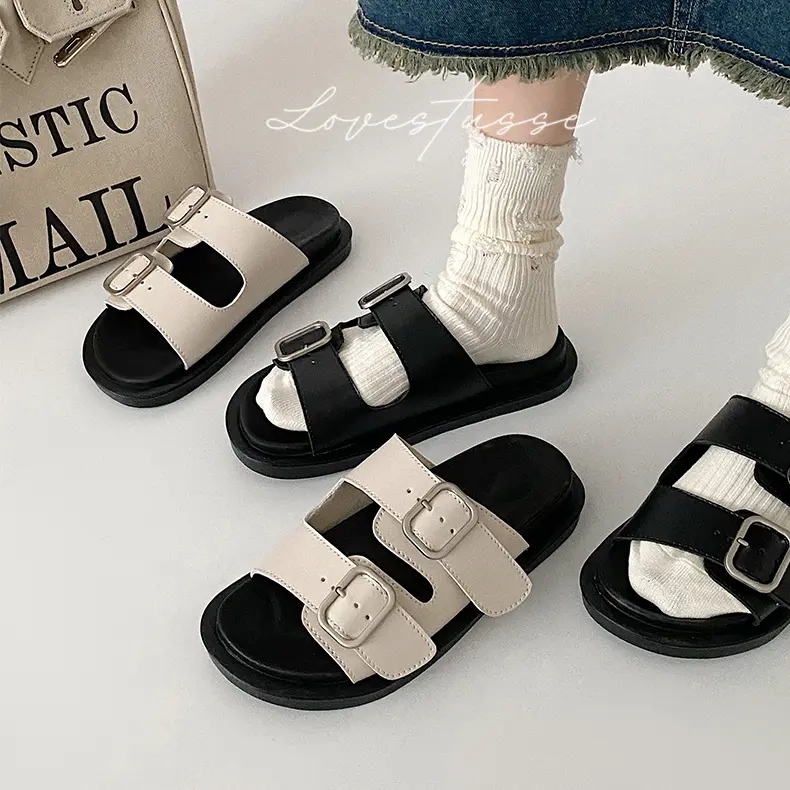 Giày Sandal Nữ Quai Ngang Kép Da Lì Phối Khoá Cài Phong Cách Hàn Quốc - DE007 DéP Shoes