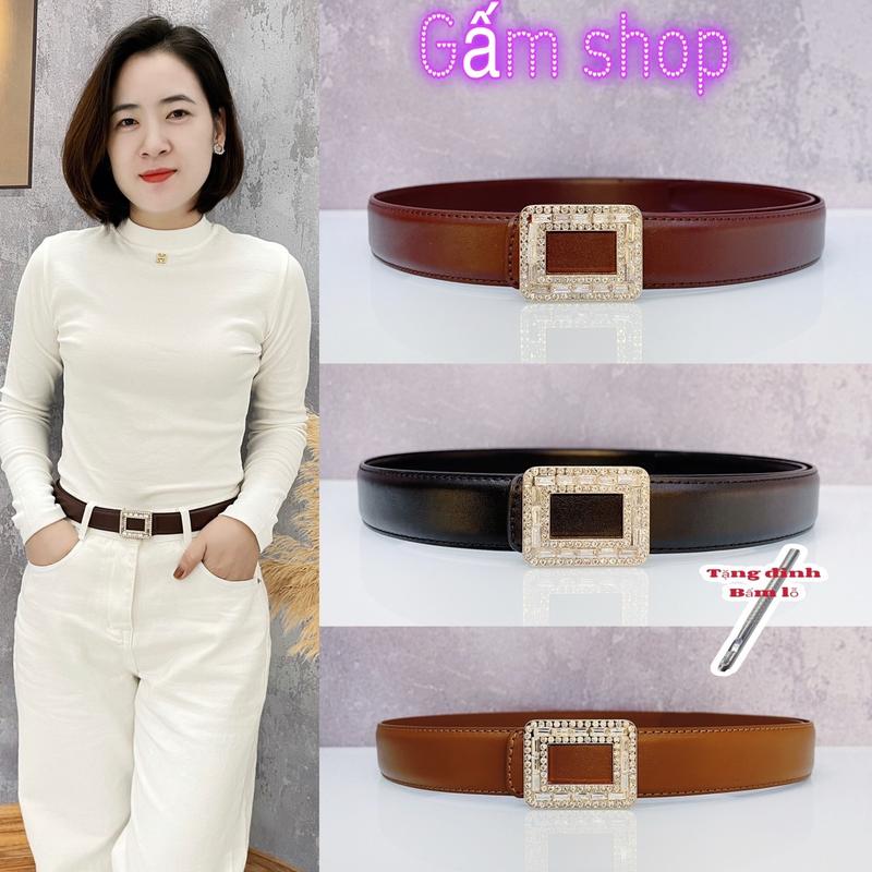Thắt Lưng Nữ (mã mới hàng da mềm đẹp) Dây Bản To 3cm Mặt Chữ Nhật Mạ Đá,2 Màu Đen + Nâu Voi