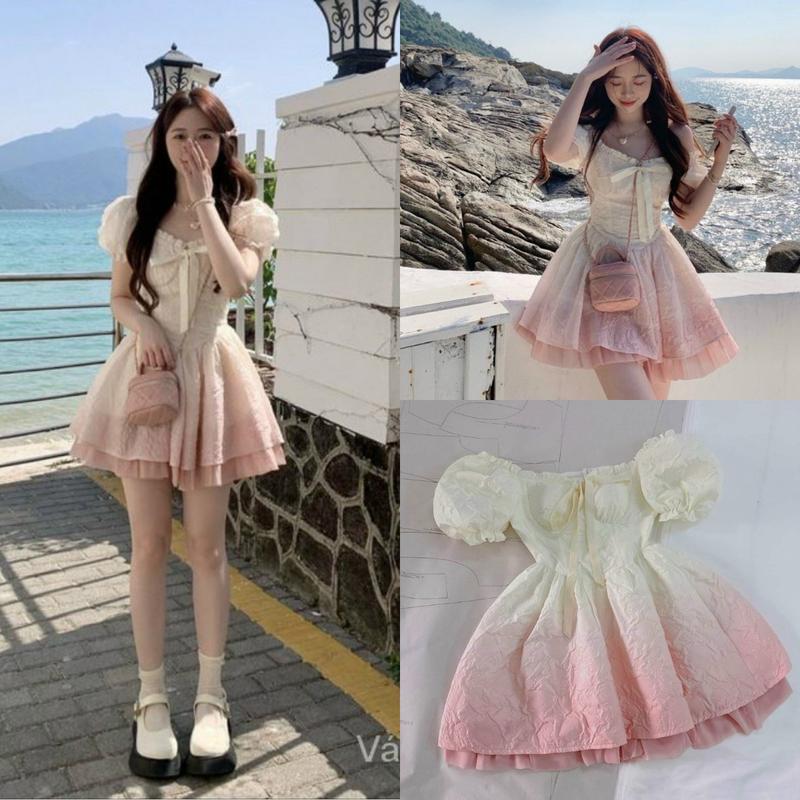 Đầm nữ gấm loang tay phồng cổ vuông cột nơ kiểu dáng xòe ngắn phối voan tơ xinh xắn dễ thương - Dress Women