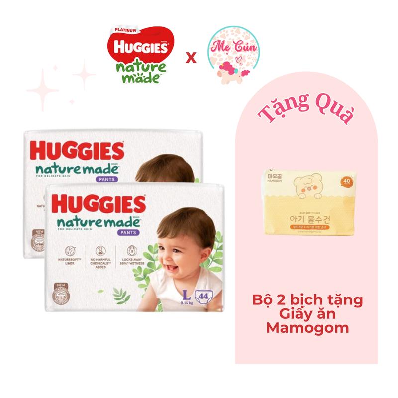 (Tặng Giấy ăn) Combo 2 bịch Tã quần, dán Huggies Nature Made NB60, S82, M64, L54, XL44 quần M58, L44, XL38, XXL26 Cho Bé Voi Kem Cotton