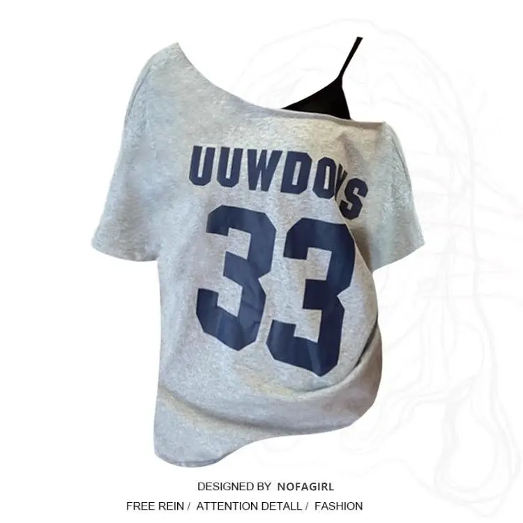 [4039 People Collection] American Retro Hot Girl off-Shoulder Casual Loose Short Sleeves Summer Idle Style Special-Interest Design Sexy Gray Top