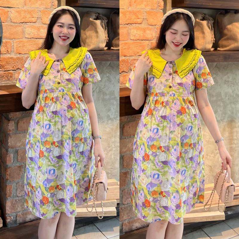 MUMMUM/Đầm bầu hoa babydoll cổ sen màu xinh xắn, trẻ trung,năng động thoải mái