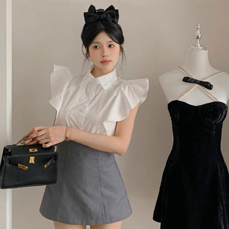 Áo sơ mi cánh tiên dáng ngắn có ren chất vải thô lụa M57