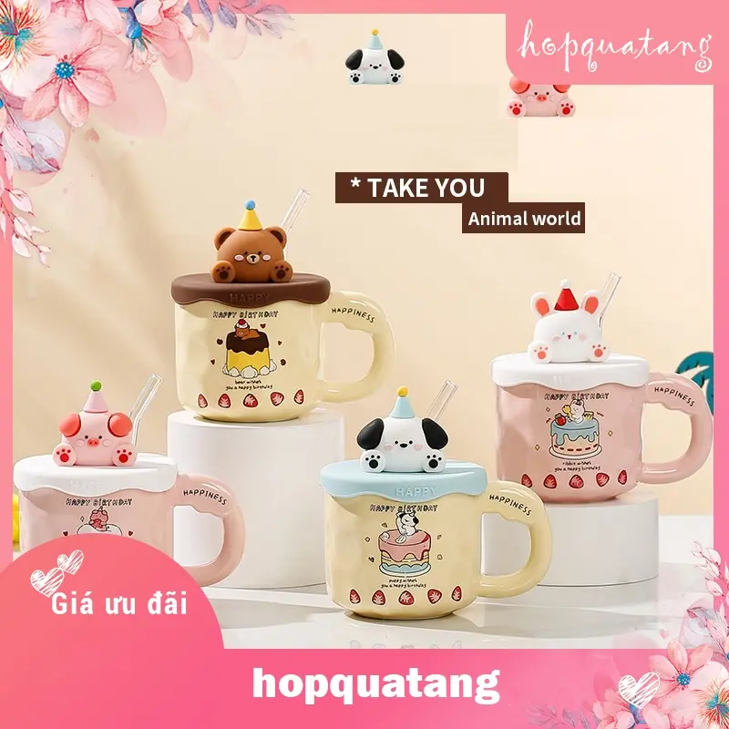 Cốc Sứ Cốc Uống Nước Nắp Hình Thỏ Gấu Sáng Tạo Kèm Hộp Quà Làm Quà Tặng Sinh Nhật 1