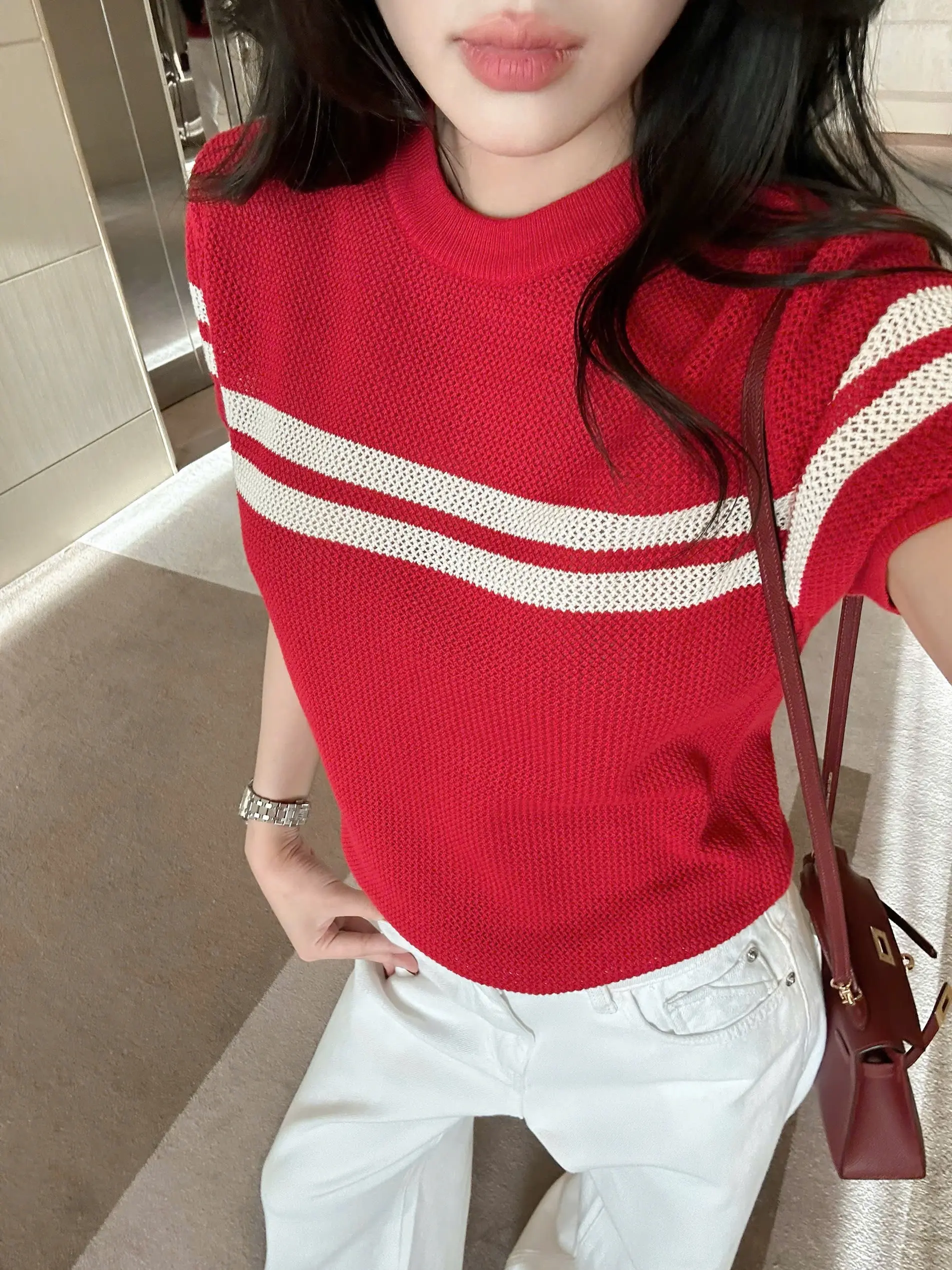 Áo len tay ngắn sọc BASIC ASPEN TOP