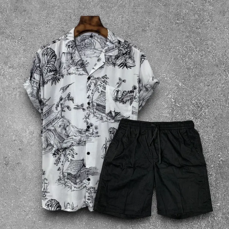 Setelan Baju Kemeja Vintage Dan Boardshort atasan celana Hitam Katun Pendek  Pria  Motif  Keren  Casual  Oversize Panjang Santai Polos 4