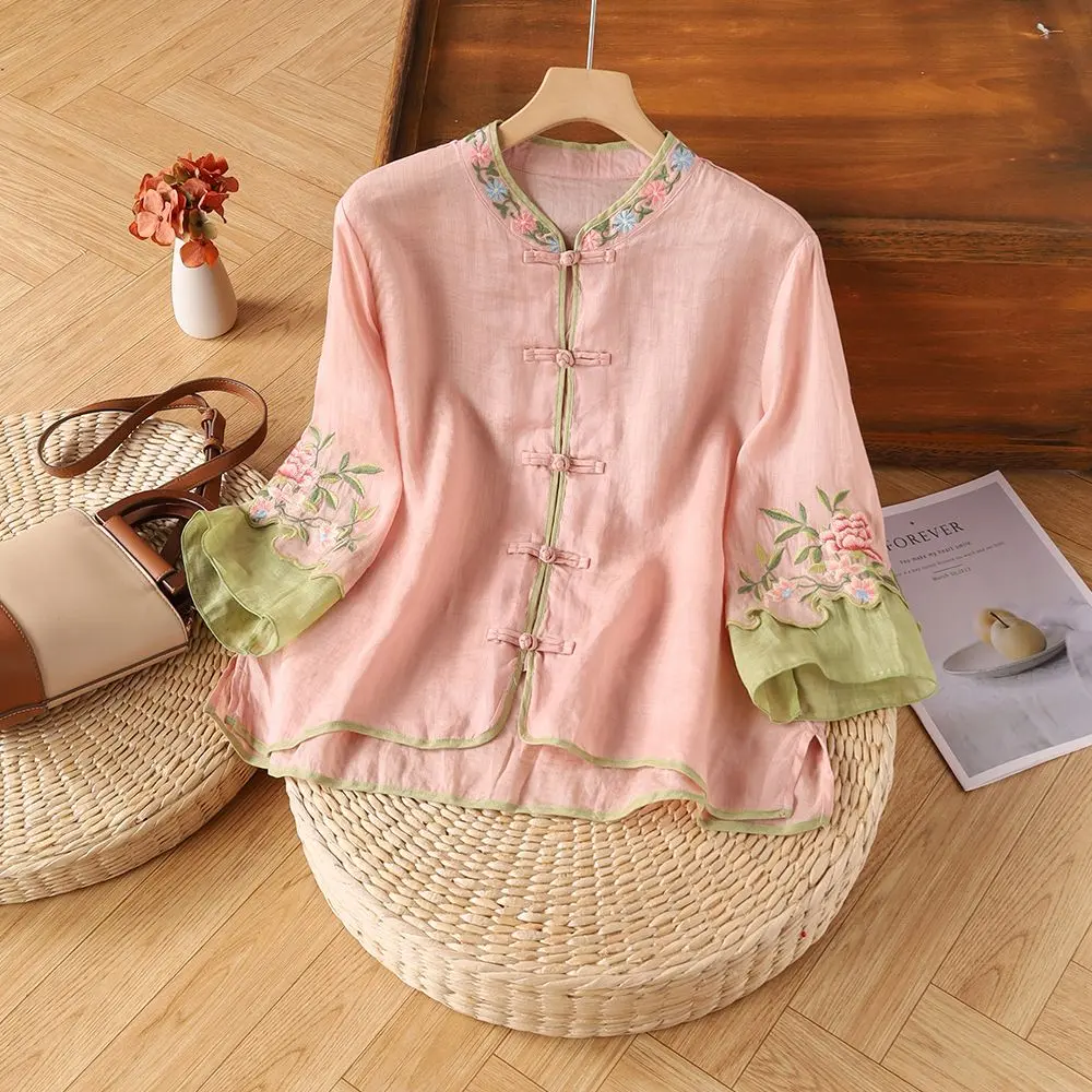 Kemeja Sulaman Etnik Musim Panas, Ketibaan Baru, Bahan Kapas dan Linen, Rekaan Retro, Gaya Retro Wanita, dengan Gesper dan Blok Warna, Atasan Lengan Tiga Suku, Longgar, Penghantaran Cepat, Pelancaran Baru
