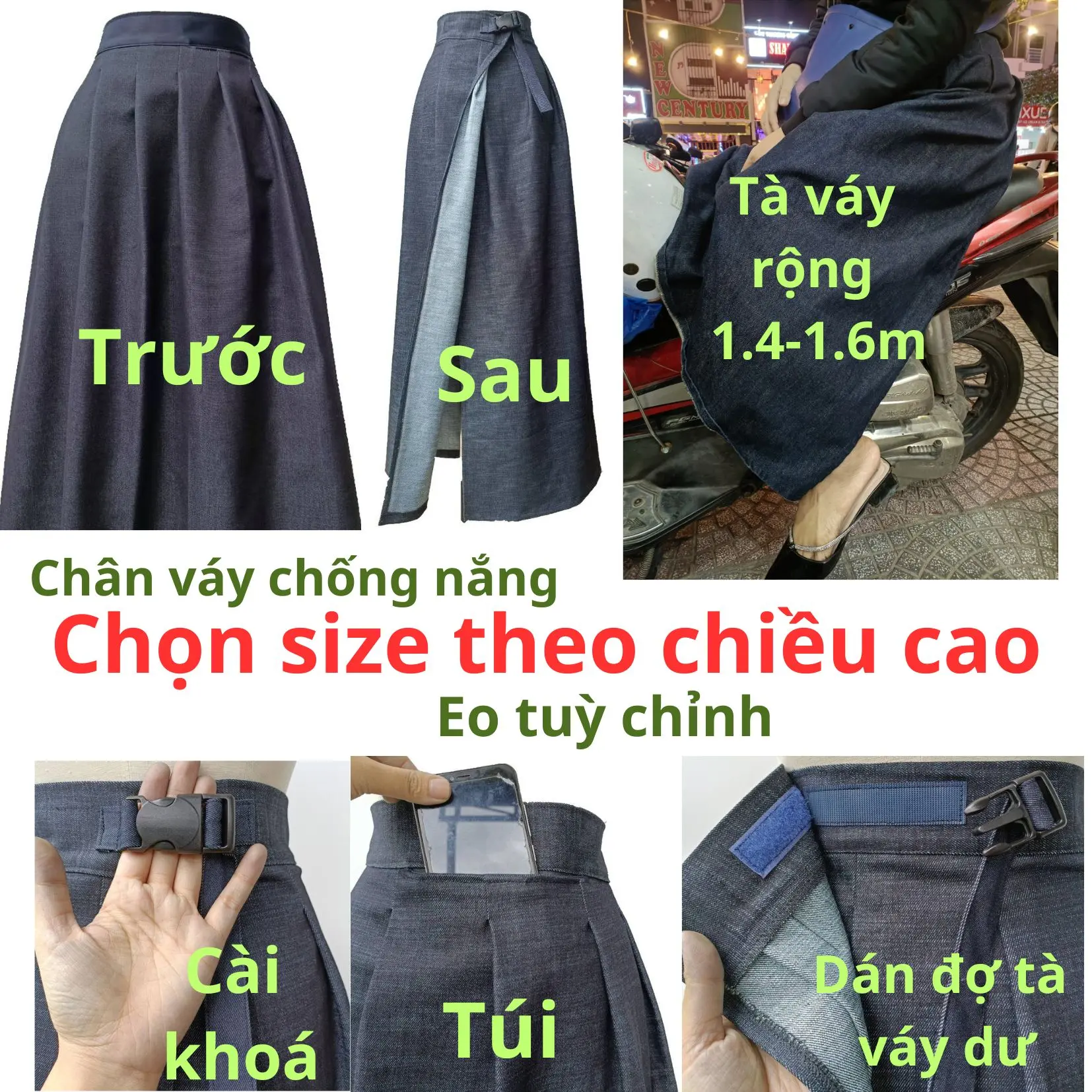 Chân váy chống nắng vải jean dày dặn có khoá cài chắc chắn không bị tuột