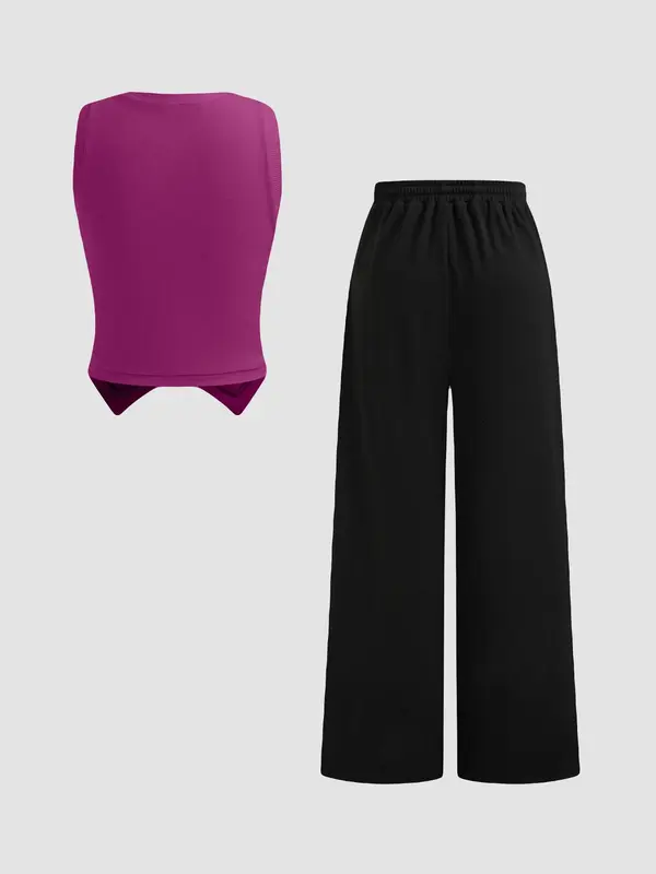 Women's Solid Color V Neck Button Front Tank Top & Tie Front Straight Leg Pants Two-piece Set, Casual Fashion Cozy Two Piece Outfits for Daily Outdoor Wear, Ladies Clothes for All Seasons 4