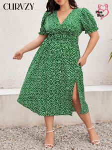 CURVZY Plus Size  Ditsy Floral Print Frill Trim Ruched Split Thigh A Line Dress, Boho Romantic Puff Sleeve V Neck Short Sleeve Dress for Beach Vacation Holiday, Women's Clothes for Summer