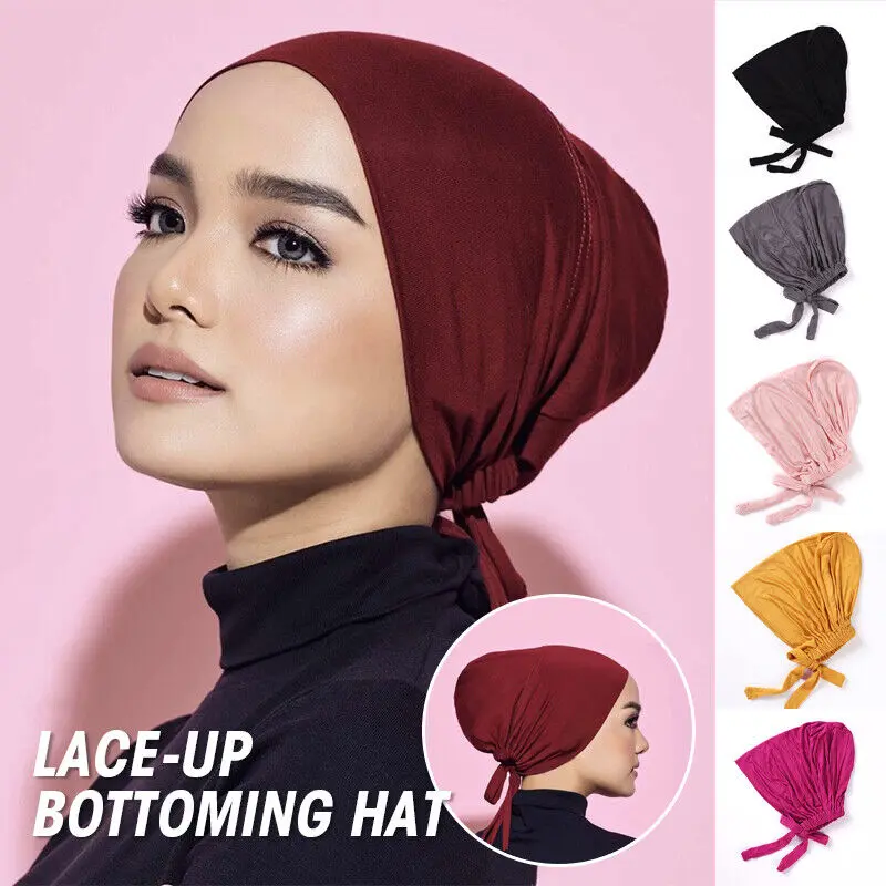 Mũ Khăn Trùm Đầu Hồi Giáo, Màu Trơn Có Thể Điều Chỉnh, Phong Cách Hồi Giáo, Mũ Buộc Dây Co Giãn