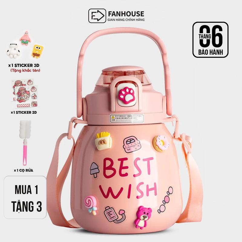 [New 2025] Bình giữ nhiệt Chubby 1000ml inox 316, bình giữ nhiệt cao cấp có quai đeo, bình nước Fan House khắc tên tặng combo sticker 3D, ống hút