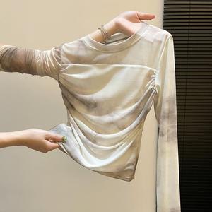 Áo lưới màu xanh phong cách Pure Desire cho nữ, tay dài, thiết kế nhẹ nhàng cho mùa thu, ôm sát, chống nắng, phong cách dịu dàng.