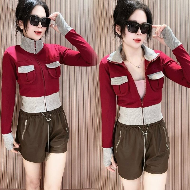 Áo Khoác Nữ Cổ Trụ Dáng Croptop Ôm Gọn - Vải Thun PC GEN  Dày Dặn Mịn Mát  - 2 Túi Trong Women Jacket Nhung 1