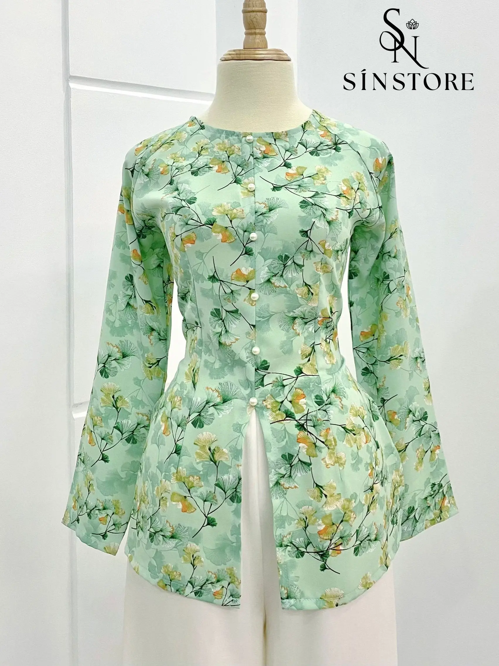 [ Áo Lẻ ] bà ba lụa mango hoa gió hoa tay dài cổ tròn ( không có quần ) - Top Lụa Có hoa - SÍN STORE- L01