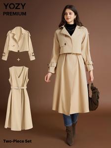 Yozy Women's Solid Button Front Crop Trench Coat & Belted Dress Two-piece Set, Casual Lapel Collar Long Sleeve Outerwear & Long Dress for Work Office Business, Ladies Spring & Fall Clothes