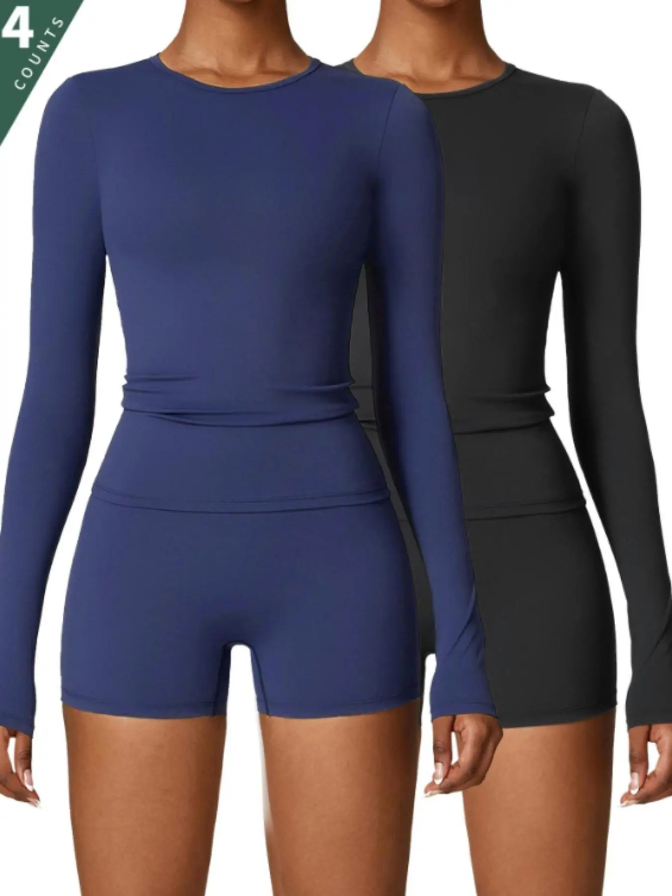 Women's Solid Long Sleeve Top & Skinny Shorts Two-Piece Set, Casual Comfy Breathable Outfits for Yoga Gym Workout Running, Ladies Clothes for All Seasons, Year-round Clothes Set
