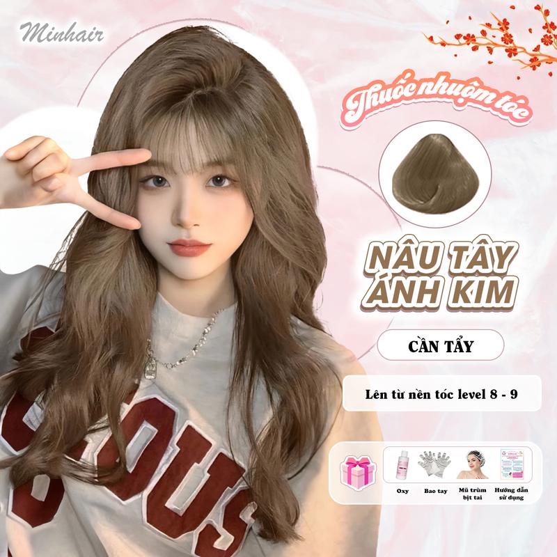 Thuốc nhuộm tóc Nâu Tây Ánh Kim cần Tẩy Tóc, Minhair Đổi Màu Tóc Nữ