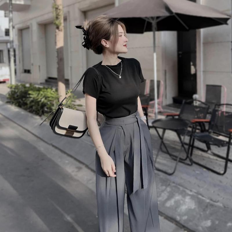 Product Introduction of Set bộ thiết kế xám đen trắng áo tăm lạnh tay rơi quần ống rộng thăt nơ đồ bộ nữ xuân hè Top Kem Women 8