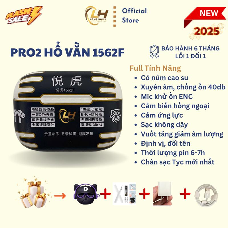 Tai Nghe Pro2 Hổ Vằn 1562F Bluetooth 5.3, Mic Khử Ồn ENC, Có Xuyên Âm Chống Ồn Chủ Động 40Db, Nhét Tai Nghe Nhạc Âm Bass Hay Earphone, Bảo Hành 6 Tháng Kem Ốp Carbon