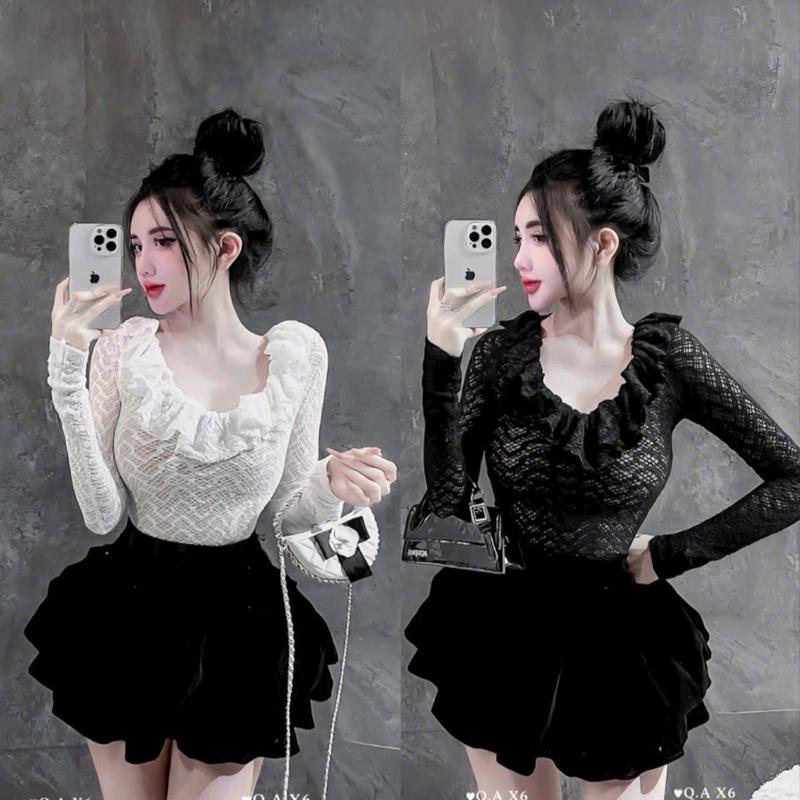 Set áo ren tay dài phối bèo + chân váy nhung xoè xinh xắn by Tường Vy Shop