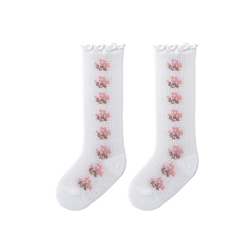 Product Introduction of Baby Socks for Girls Flower/Bear Print Mosquito Protection Mid-Calf Socks Spring Summer Breathable Kids Mesh Thin Socks 33