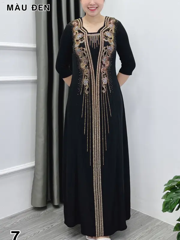 Đầm MAXI dạ hội trung niên chất nhũ kim sa co giãn cực tốt cho mẹ dự tiệc sang trọng bigsize 80KG - M531 0