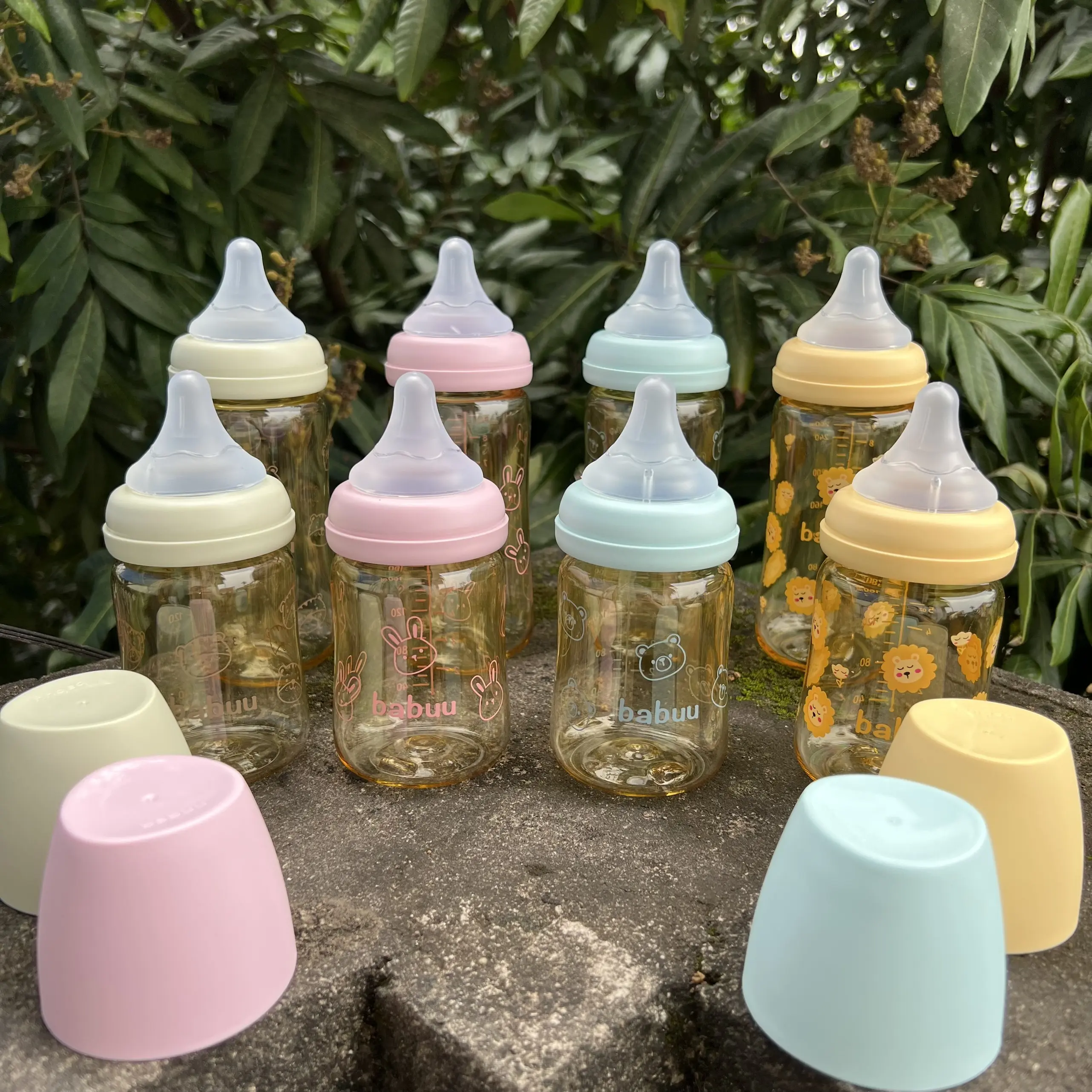 Babuu Bình Sữa Cổ Rộng Chất Liệu Nhựa 170ml/270ml Hoạ Tiết Mới Núm Silicone Siêu Mềm Plus Hình Cánh Hoa Chỉnh Khớp Ngập Cho Bé 0-9 Tháng+