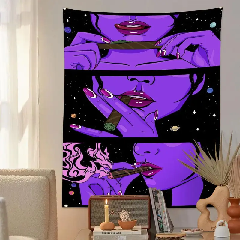 Smoking Girl Tapestry, 1 Count Trippy Hanging Tapestry, Wall Hanging Decor for Home Bedroom Living Room, Home Decor Set 5