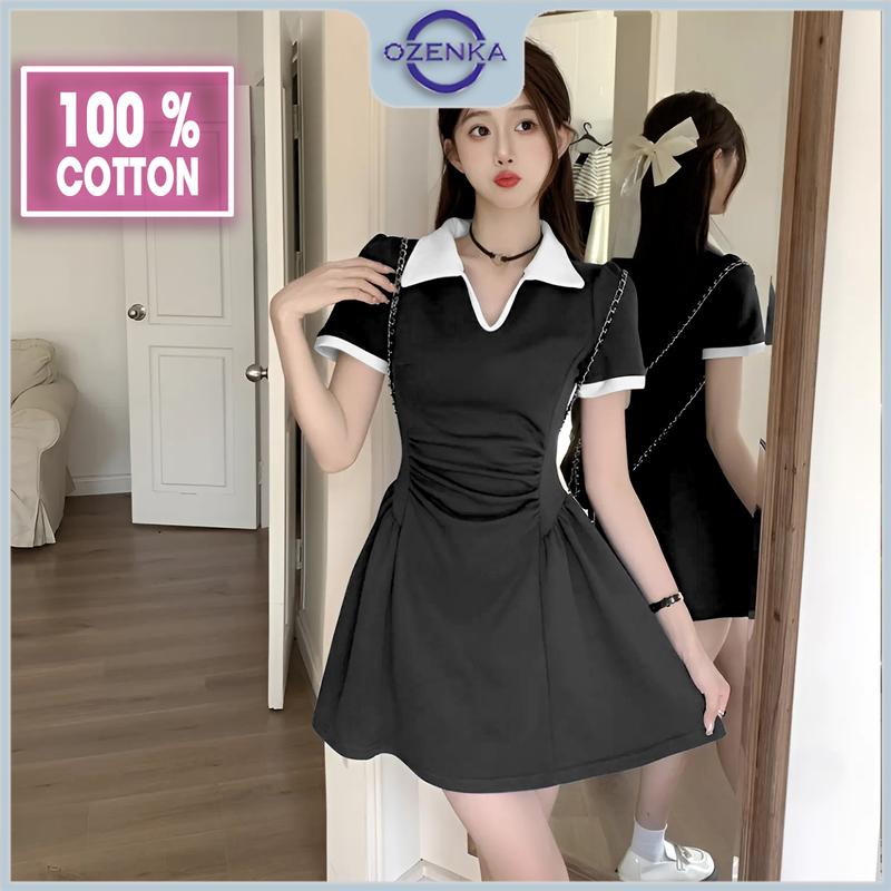 Váy polo bpdy ngắn xòe nữ chữ a ozenka , đầm tay bồng ngắn xòe sexy sang chảnh nhẹ nhàng cotton mặc hè mát đẹp Dress Thun Màu Đen