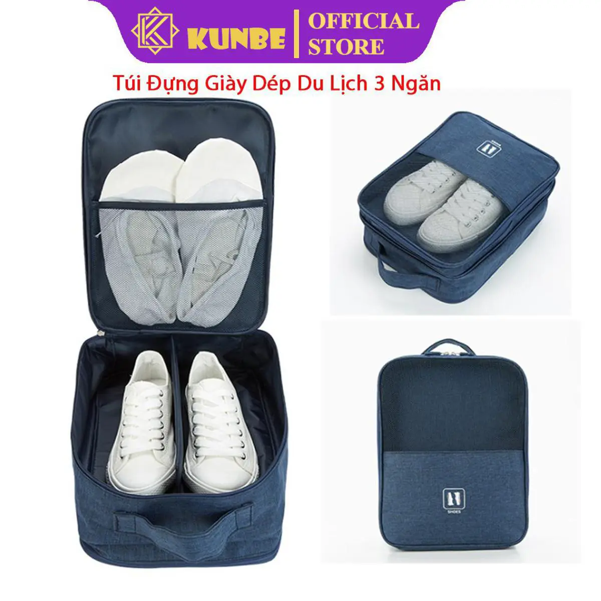 Túi Đựng Giày Dép Du Lịch 3 Ngăn KUNBE, Chất Liệu Chống Thấm Nước, Có Khe Gài Tay Kéo Vali Tiện Lợi Bag Nam