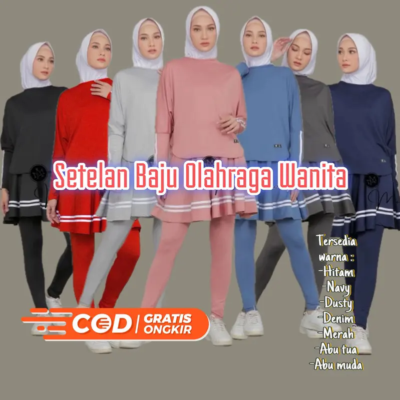 Setelan Baju Olahraga Wanita Muslim Terbaru Leging Rok Skirt Perempuan  Sport Badminton Senam Lari Renang Bersepeda Zumba