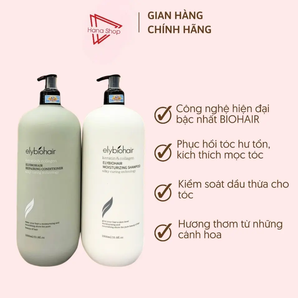 Cặp gội xả ELY BIOHAIR (2 chai 1000ml) [ tặng 1 sữa tắm gấu dâu 300ml ] mượt tóc, kiềm dầu cho tóc, thơm cánh hoa