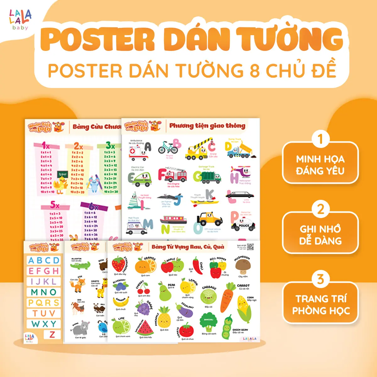 Bảng chữ cái tiếng việt cửu chương poster dán tường đồ chơi giáo dục sớm Lalala baby nhiều chủ đề