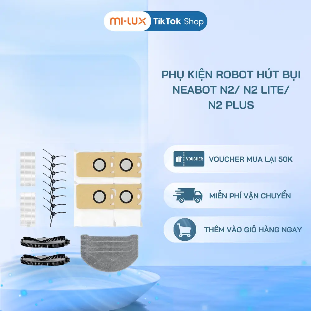 [Phụ Kiện] Bộ Phụ Kiện Cao Cấp Cho Robot Hút Bụi Neabot Nomo N2/ N2 Lite/ N2 Plus – Khăn Lau, Chổi Quét, Màng Lọc, Túi Rác (Phiên Bản Quốc Tế).