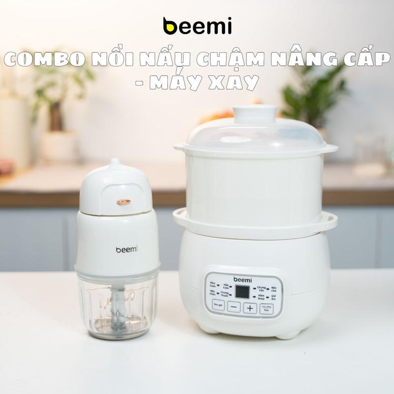 Combo nồi nấu cháo chậm Beemi 8 chức năng, dung tích 1L, nấu cháo, nấu đồ ăn dặm cho bé và máy xay Beemi 8 lưỡi dao inox, dung tích 300ml Voi