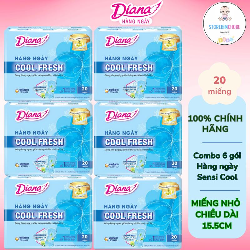 Combo 6 gói băng vệ sinh Diana miếng nhỏ hàng ngày Sensi Cool Fresh 20 miếng/gói không cánh (Che tên sản phẩm khi giao hàng) băng vệ bạc hà