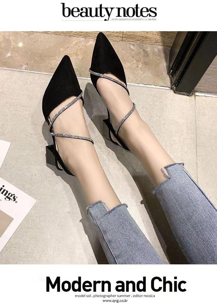 Product Introduction of Women's Sandals Summer Mid Heel Pointed Toe Pumps Closed Toe Chunky Heel Rhinestone Women's Shoes Word Buckle High Heels 11