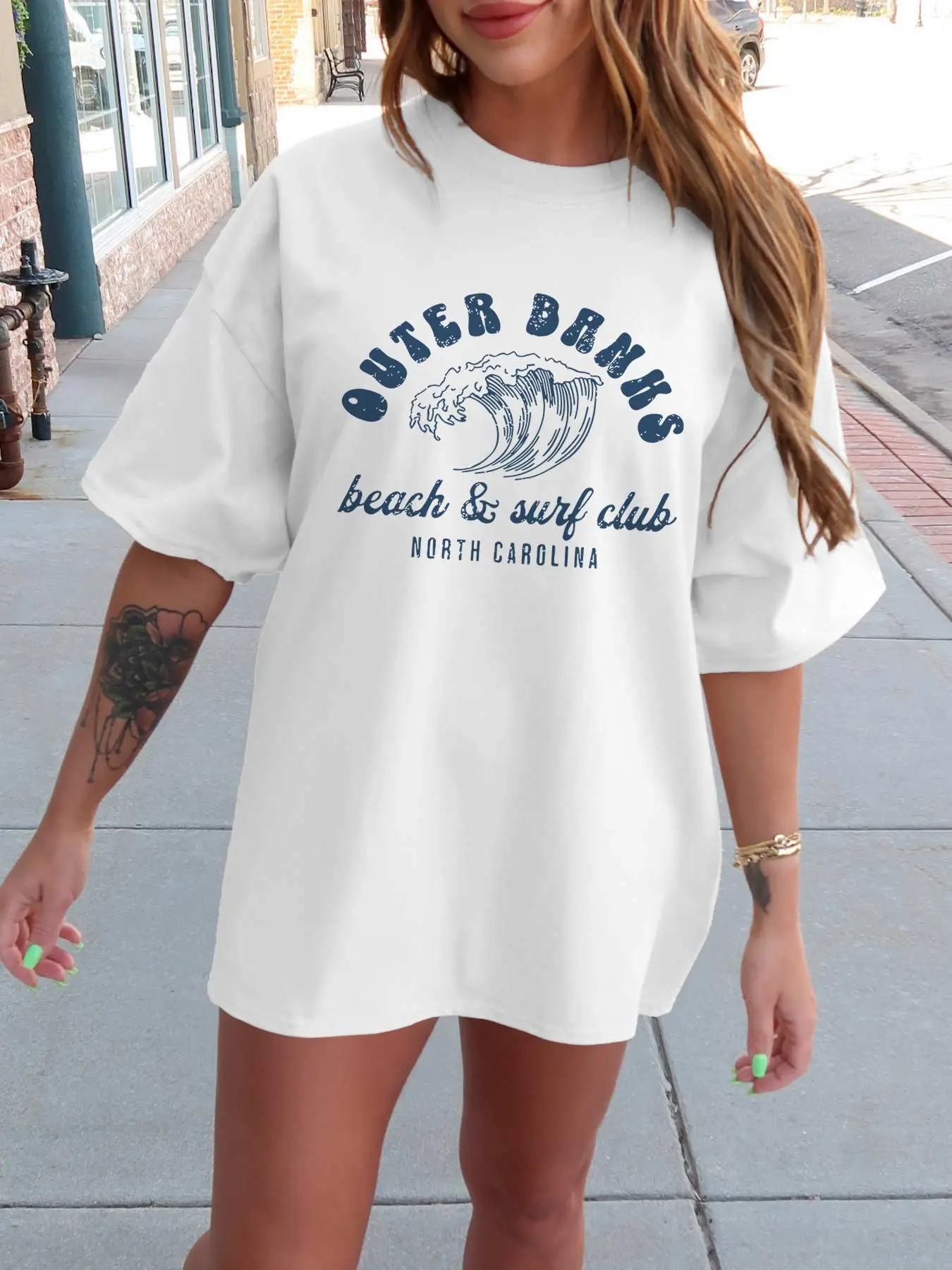 Women's Letter & Wave Print Drop Shoulder Tee, Casual Short Sleeve Round Neck T-Shirt for Beach Vacation, Ladies Clothes for All Seasons, Top