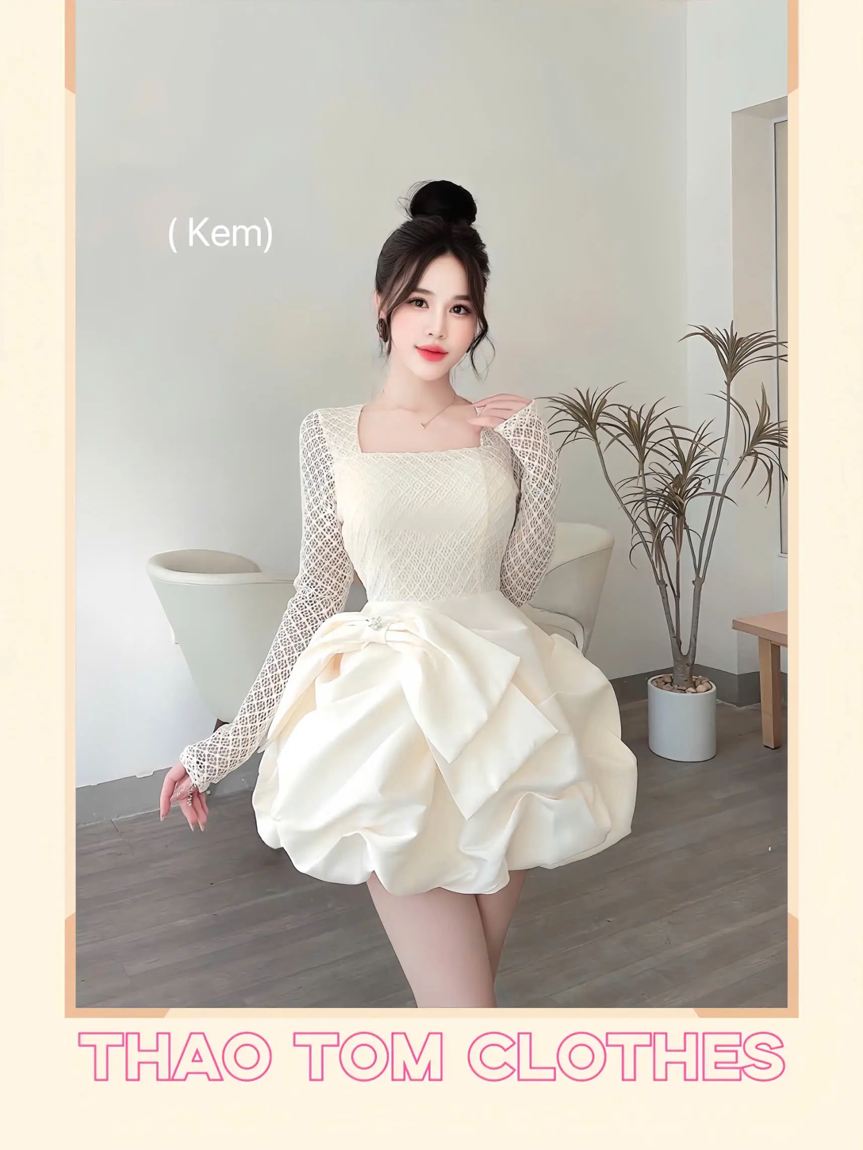 VÁY THIẾT KẾ REN DÀI TAY PHỐI CHÂN NƠ NHÚM BỒNG E489 Women