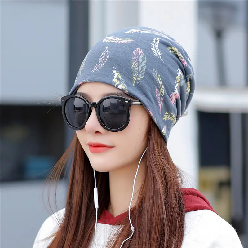 Spring and Autumn Feather Pattern Pullover Hat Women's Multi-Purpose Korean Style Headband Toque Head Protection Nightcap Pile Style Confinement Cap