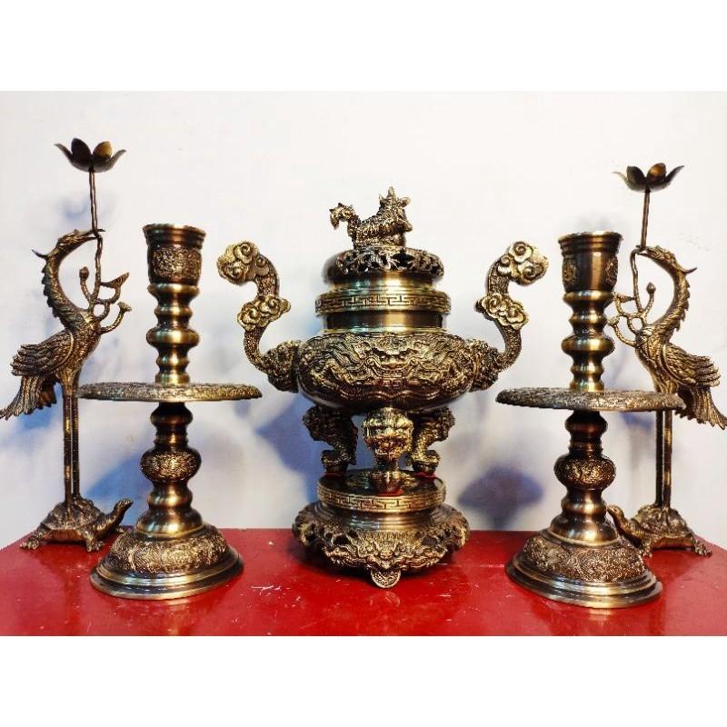  Bộ đồ thờ ngũ sự đỉnh song long chầu nguyệt cao 50cm màu hun giả cổ bằng đồng nguyên chất Decor Phòng Tranh Trang Trí Nhà gốm sứ cao cấp hạnh phúc coc ngam porcelain may mắn 