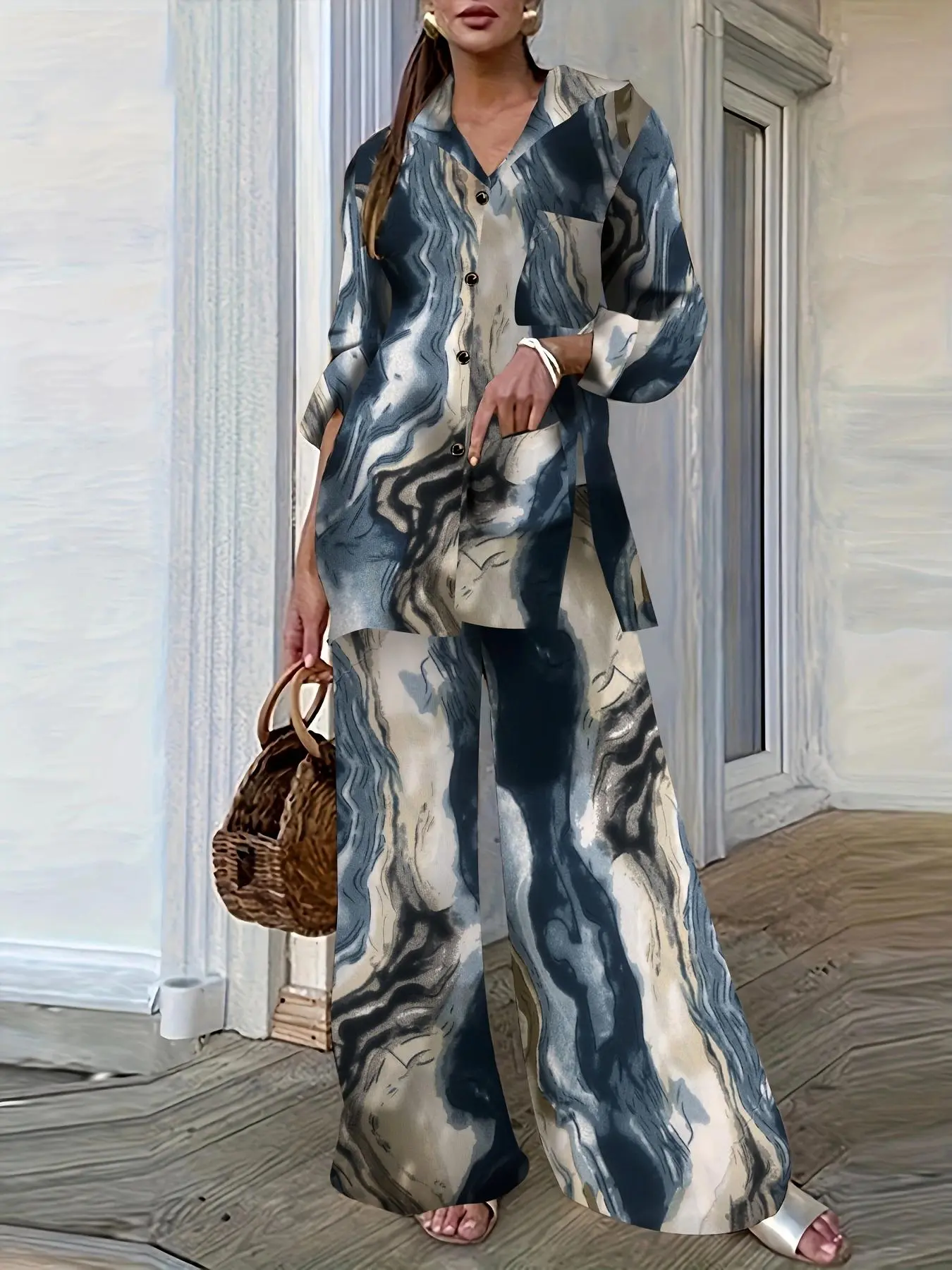 Women's Tie Dye Print Button Front Shirt & Wide Leg Pants Two-piece Set, Elegant Pocket Long Sleeve Top & Trousers for Daily Wear, Ladies Spring & Fall Clothes