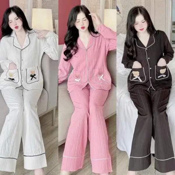 Bộ đồ ngủ nữ gấu dài tay mùa đông chất đũi gân có túi Women - Áo bo duigan