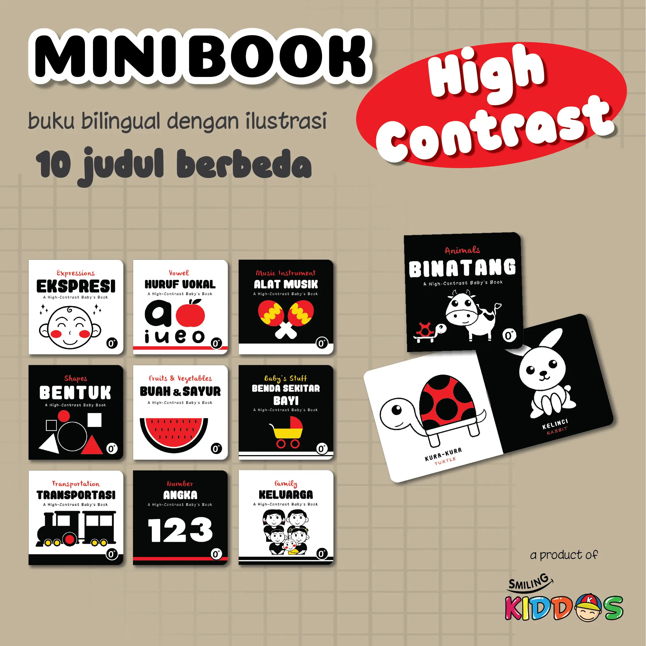 SK Mini Book High Contrast - Buku stimulasi visual anak bayi newborn firstbook binatang bentuk ekspresi buah sayur keluarga transportasi angka huruf alat musik baby stuff