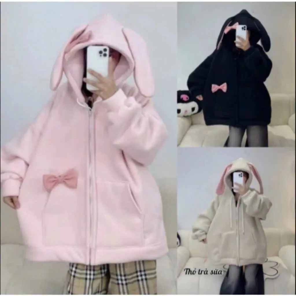 Áo hoodie nỉ tai thỏ tặng kèm nơ hồng tai thỏ dài đáng yêu