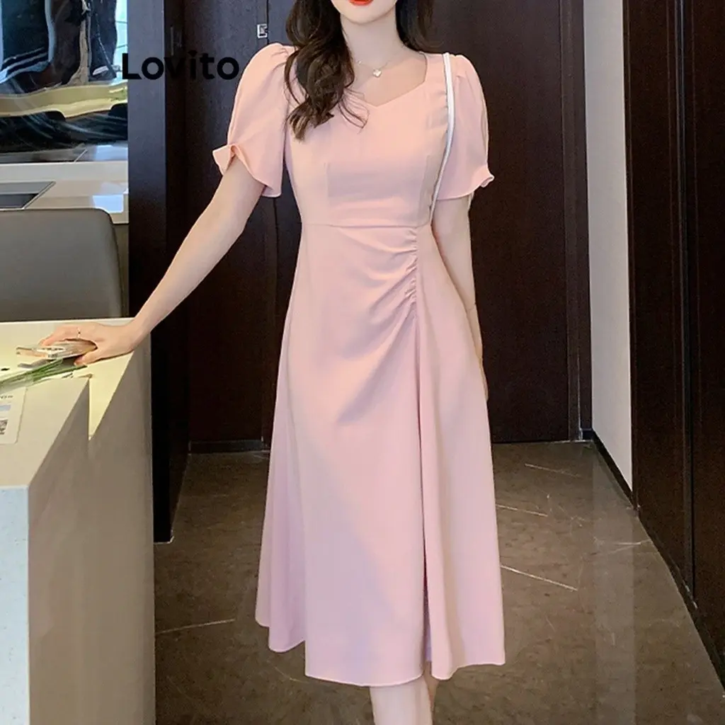 Lovito Women Elegant Plain Pleated Plicated A Line Dress LNE34101 (Multi-color)