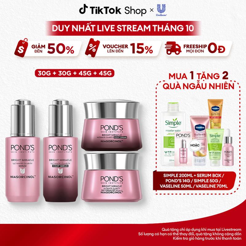 Bộ Skincare 2 Serum và 2 Kem Dưỡng Da Ngày & Đêm Pond's Bright Miracle Hỗ Trợ Mờ Thâm Sạm với 50X Niasorcinol 30G+30G+45G+45G Nữ [1]