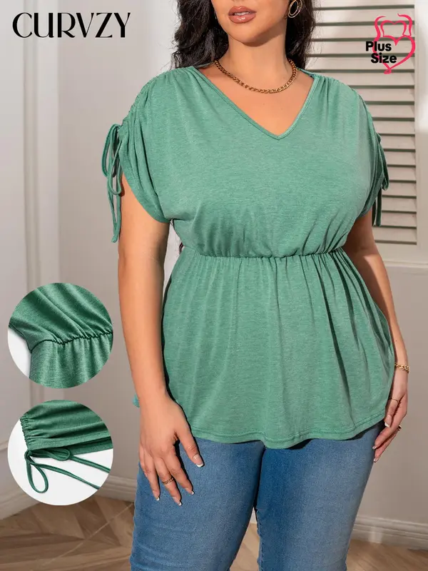 CURVZY Plus Size  Ruched Drawstring Tee, Casual Batwing Sleeve Peplum T-Shirt, Women's Plus Clothing for Summer Daily Wear 0